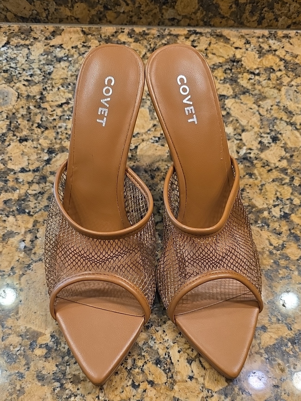 Covet Tan Mesh Pointed-Toe Slide Heels